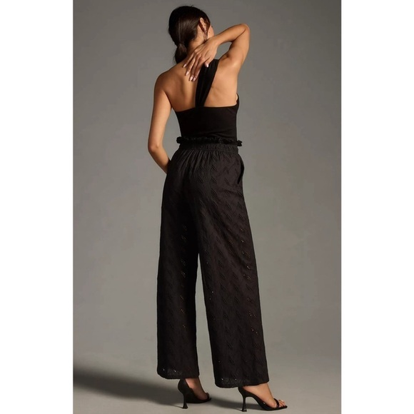 Anthropologie En Saison Black One Shoulder Camilla Jumpsuit M Eyelet Wide Leg - Picture 5 of 16